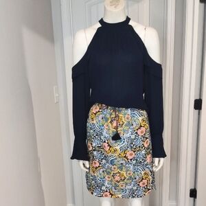 LOFT Navy Top with Floral Skirt